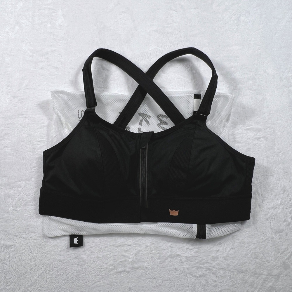SHEFIT Ultimate Sports Bra 2Luxe Black High Impact Front Zip Wash Bag NWOT